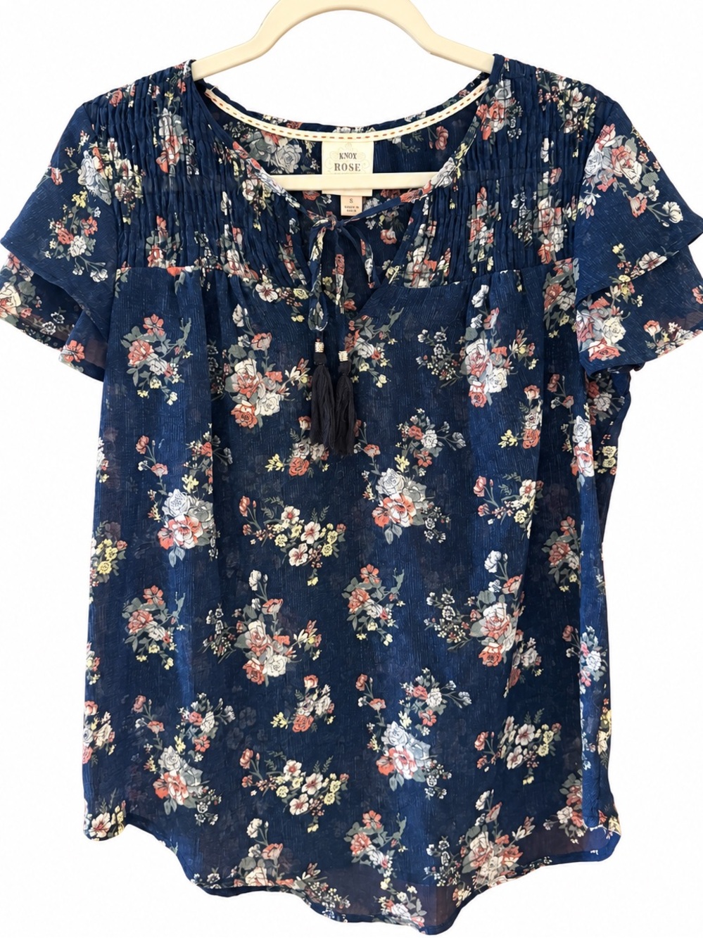 KNOX ROSE Navy Floral Print Sheer Blouse